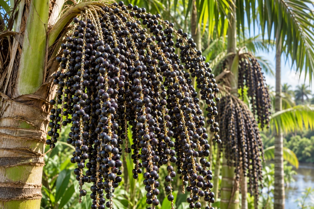 Ilustración realista de racimos de açaí en una palma tropical