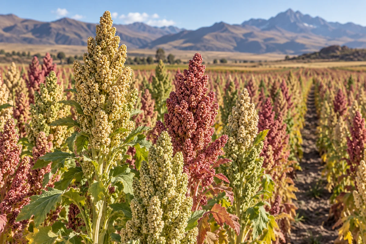 Ilustración realista de un cultivo de quinoa con panojas maduras